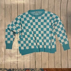 She + Sky Blue and White Checkered Sweater